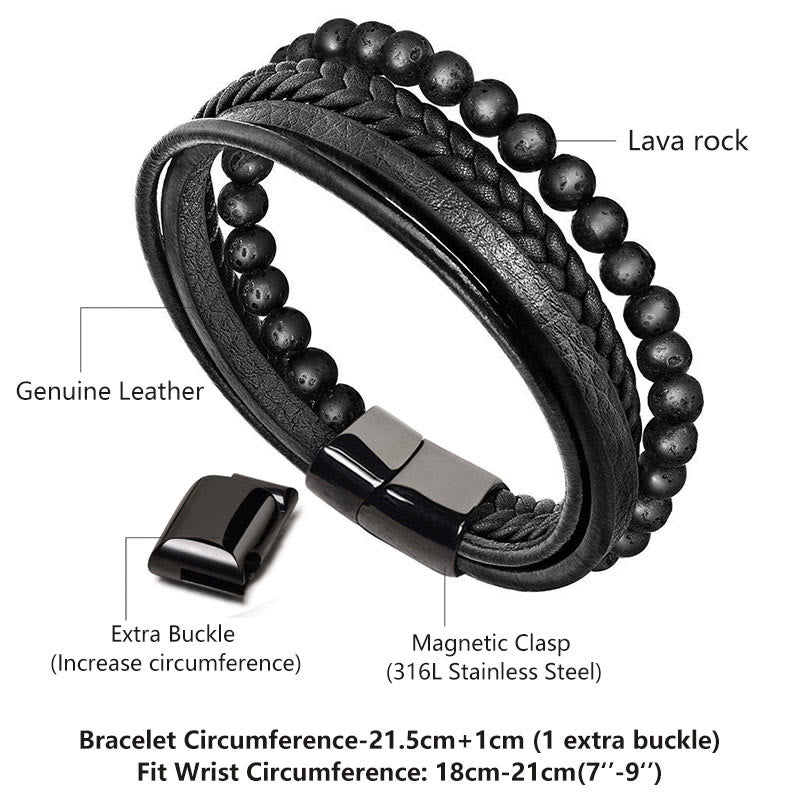 Oriental Buddha Natural Lava Rock Black Onyx Bead Leather Bracelet