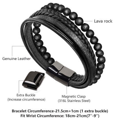 Oriental Buddha Natural Lava Rock Black Onyx Bead Leather Bracelet