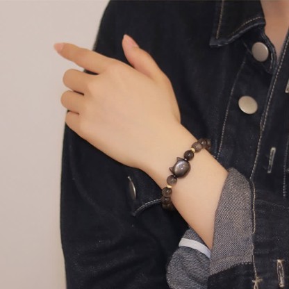 Oriental Buddha Gold Sheen Obsidian Silver Sheen Obsidian Lovely Paw Lucky Cat Protection Bracelet