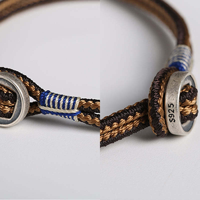 Oriental Buddha  925 Sterling Silver Handmade Button Protection Weave String Bracelet