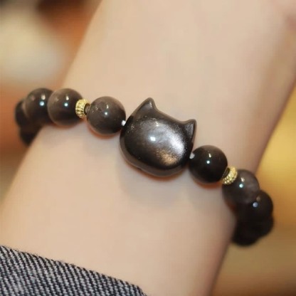 Oriental Buddha Gold Sheen Obsidian Silver Sheen Obsidian Lovely Paw Lucky Cat Protection Bracelet