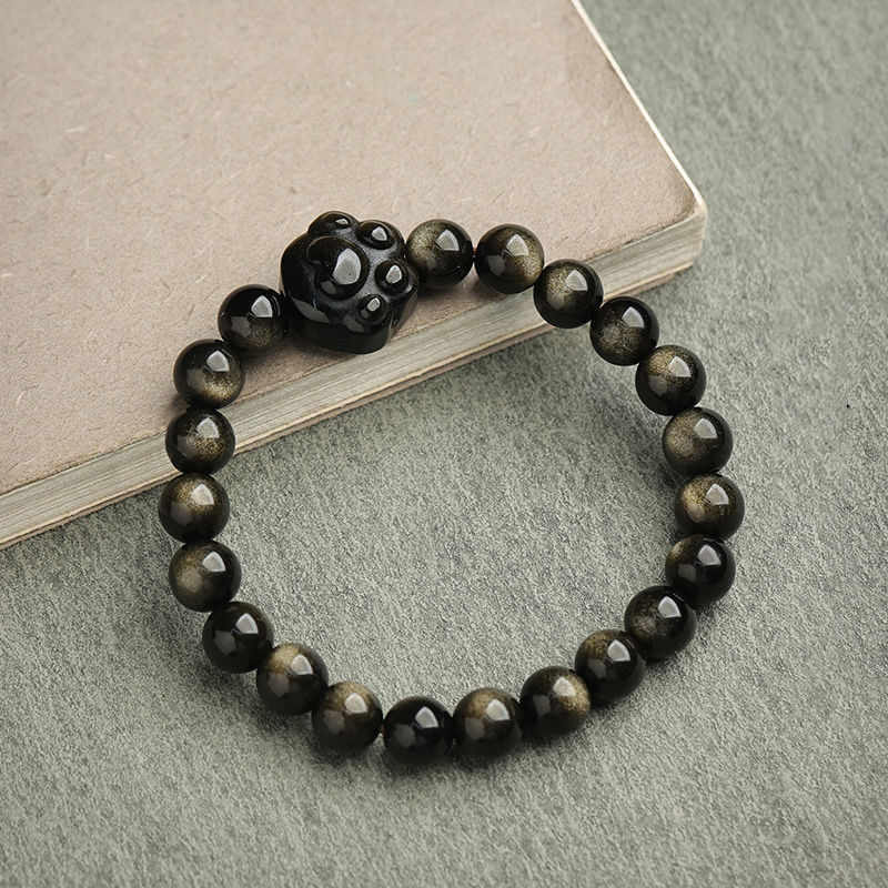 Oriental Buddha Gold Sheen Obsidian Silver Sheen Obsidian Lovely Paw Lucky Cat Protection Bracelet