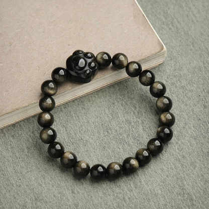 Oriental Buddha Gold Sheen Obsidian Silver Sheen Obsidian Lovely Paw Lucky Cat Protection Bracelet