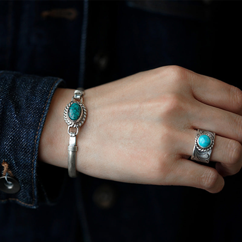 Oriental Buddha 925 Sterling Silver Turquoise Balance Protection Handmade Nepal Bracelet Bangle