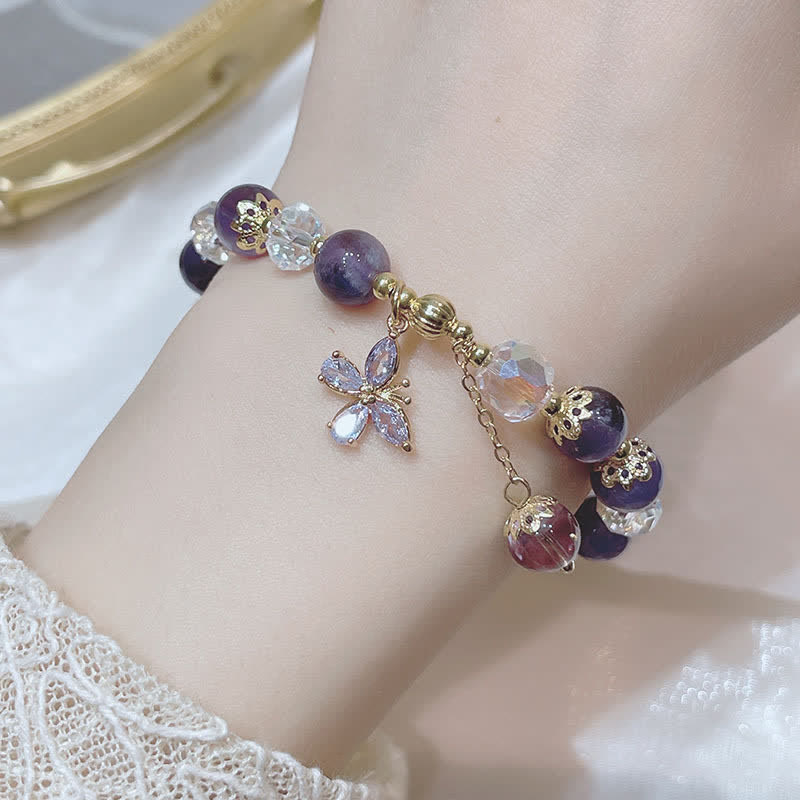 Oriental Buddha Natural Amethyst Crystal Spiritual Butterfly Charm Bracelet