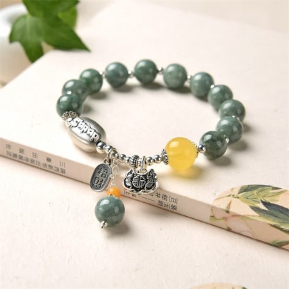 Oriental Buddha 925 Sterling Silver Cyan Jade Amber Success Bracelet