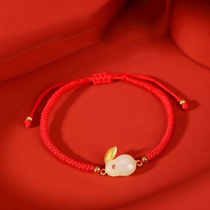 Oriental Buddha 925 Sterling Silver Year of the Rabbit Hetian White Jade Luck Red String Protection Bracelet