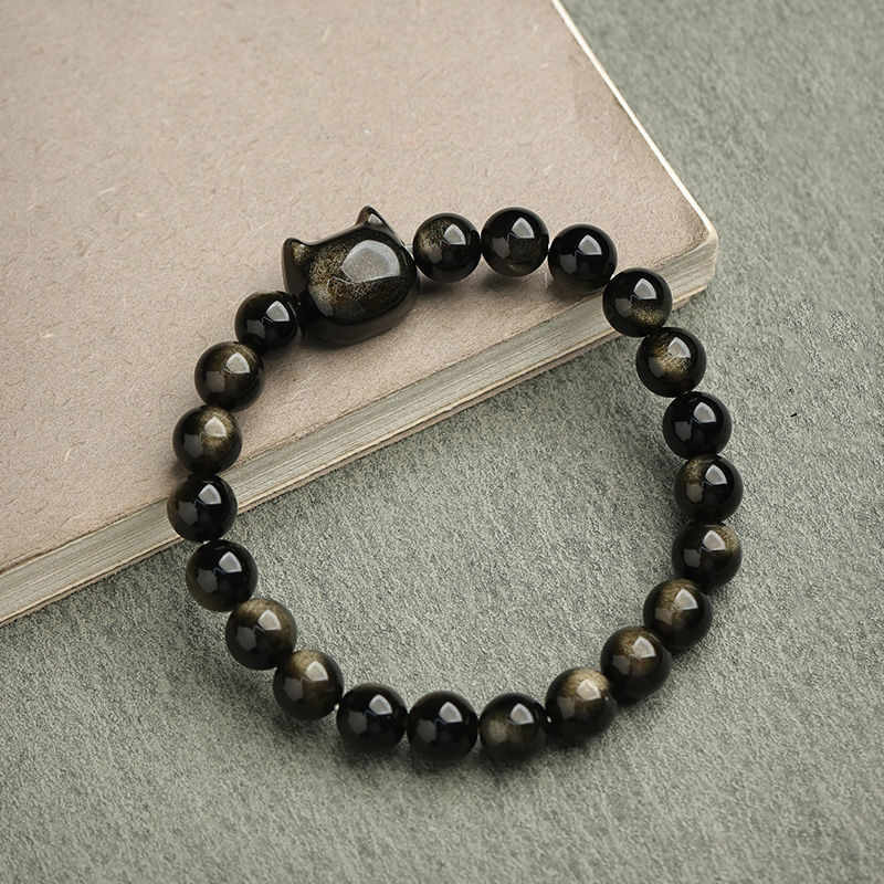 Oriental Buddha Gold Sheen Obsidian Silver Sheen Obsidian Lovely Paw Lucky Cat Protection Bracelet