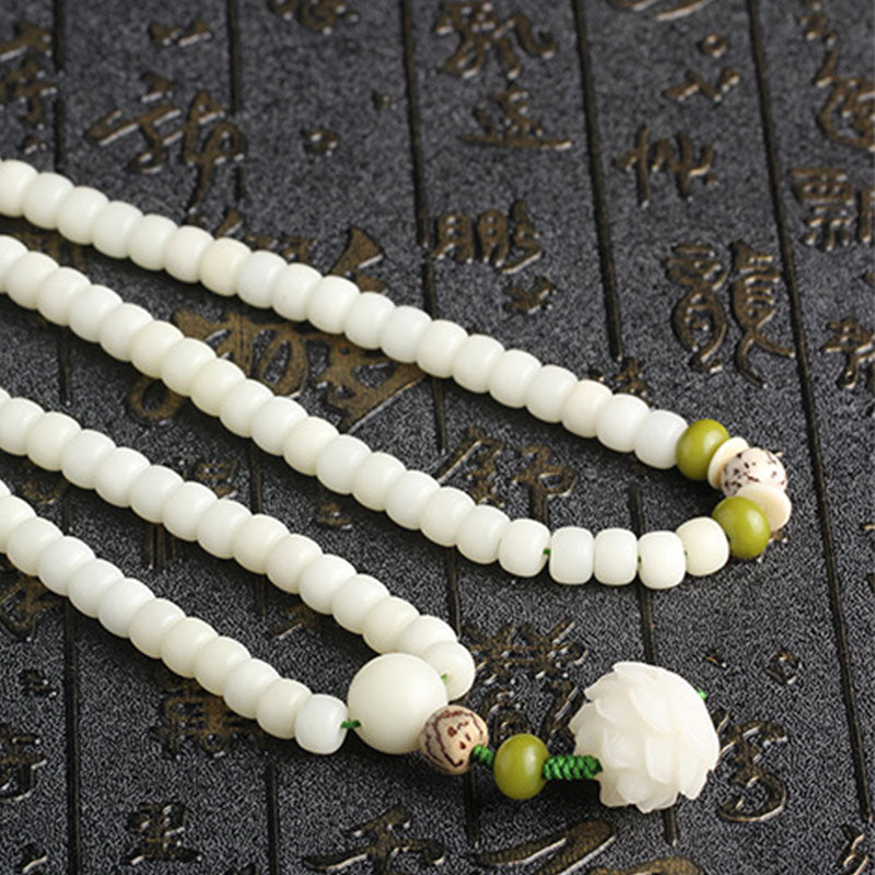 Oriental Buddha White Jade Bodhi Lotus Mala Harmony Necklace Bracelet