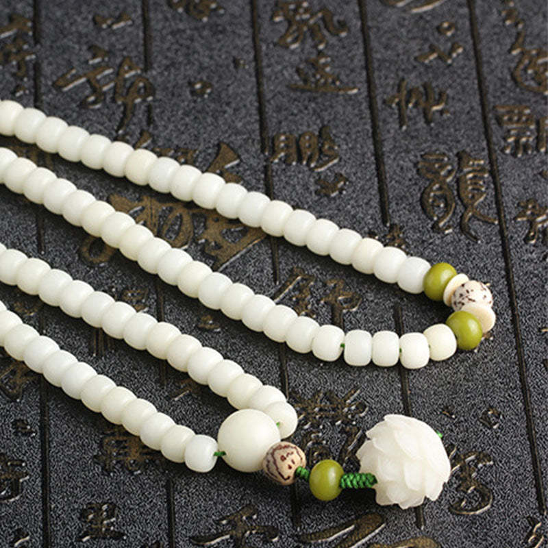 Oriental Buddha White Jade Bodhi Lotus Mala Harmony Necklace Bracelet