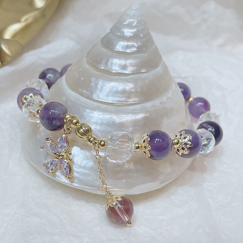 Oriental Buddha Natural Amethyst Crystal Spiritual Butterfly Charm Bracelet