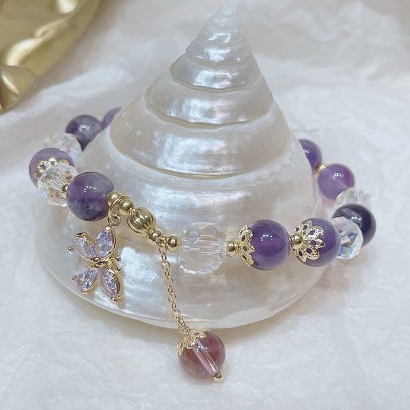 Oriental Buddha Natural Amethyst Crystal Spiritual Butterfly Charm Bracelet