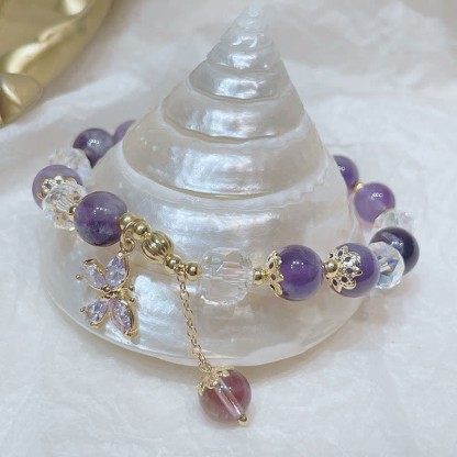 Oriental Buddha Natural Amethyst Crystal Spiritual Butterfly Charm Bracelet