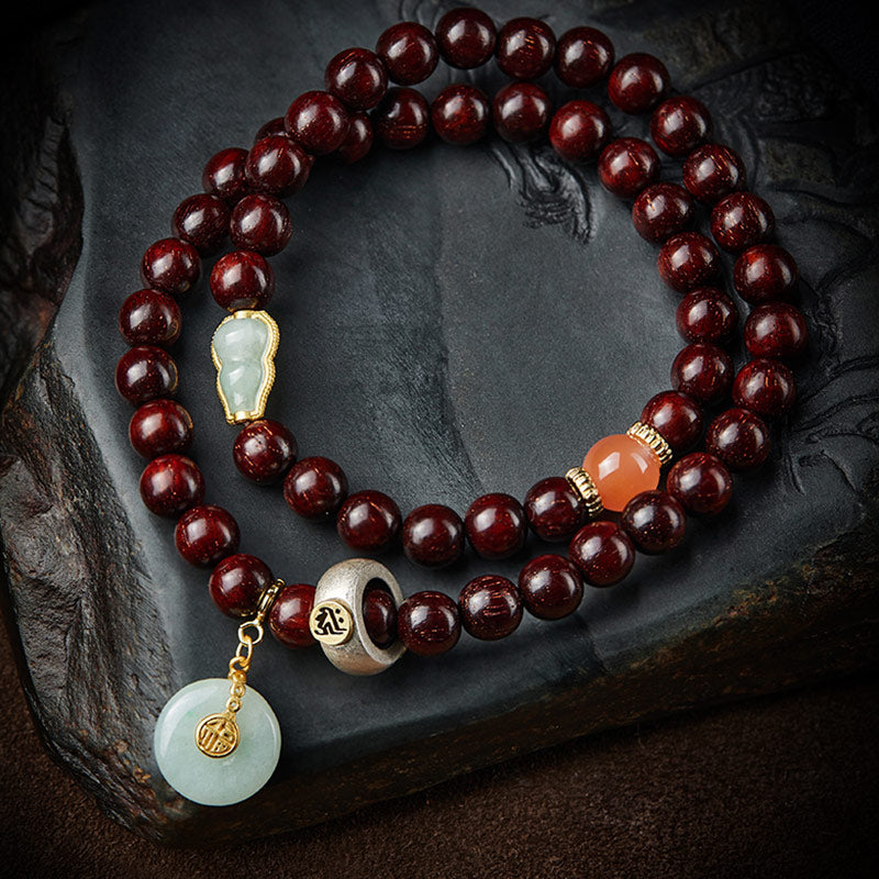 Oriental Buddha Chinese Zodiac Natal Buddha Small Leaf Red Sandalwood Jade Red Agate PiXiu Sooth Bracelet