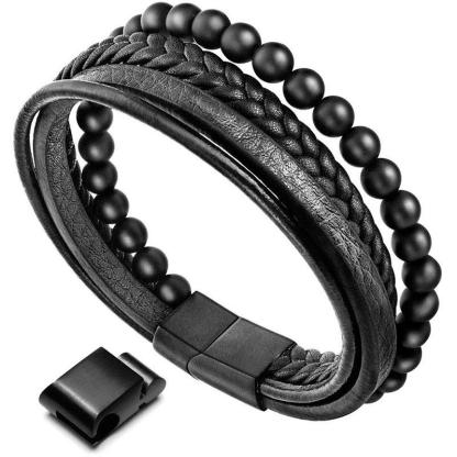 Oriental Buddha Natural Lava Rock Black Onyx Bead Leather Bracelet