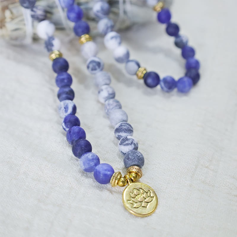 Oriental Buddha 108 Natural Picasso Jasper & Blue Stone Mala Bead Lotus Pendant Bracelet