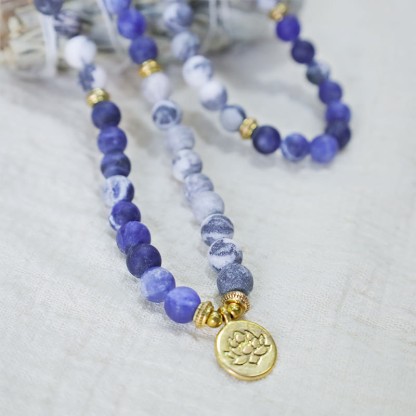Oriental Buddha 108 Natural Picasso Jasper & Blue Stone Mala Bead Lotus Pendant Bracelet