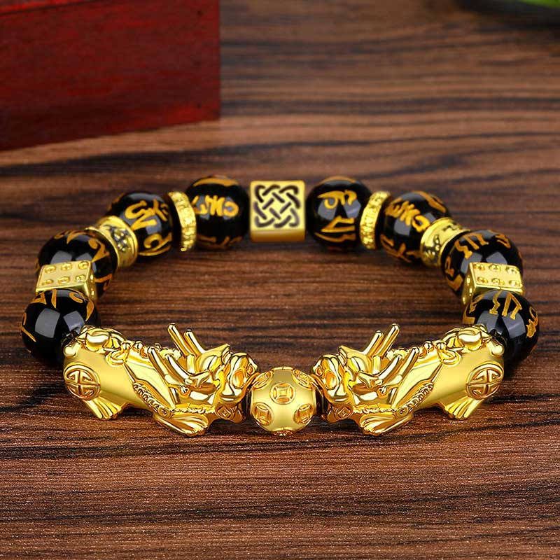 Oriental Buddha FengShui Double PiXiu Obsidian Om Mani Padme Hum Wealth Bracelet