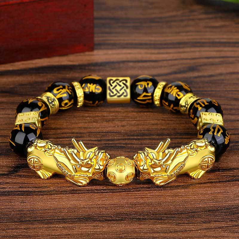 Oriental Buddha FengShui Double PiXiu Obsidian Om Mani Padme Hum Wealth Bracelet