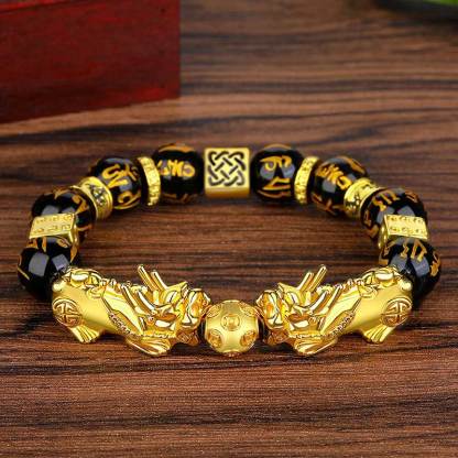 Oriental Buddha FengShui Double PiXiu Obsidian Om Mani Padme Hum Wealth Bracelet