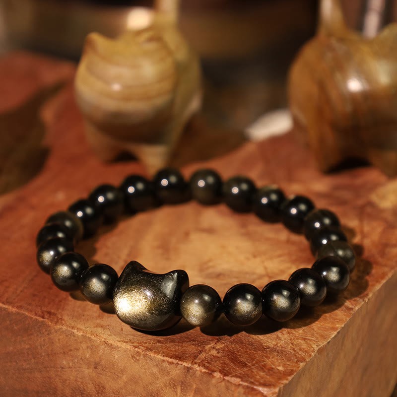 Oriental Buddha Gold Sheen Obsidian Silver Sheen Obsidian Lovely Paw Lucky Cat Protection Bracelet