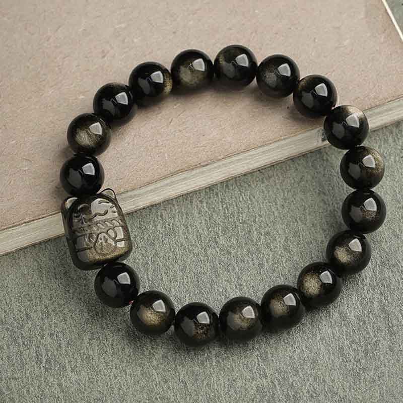 Oriental Buddha Gold Sheen Obsidian Silver Sheen Obsidian Lovely Paw Lucky Cat Protection Bracelet