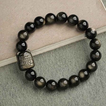 Oriental Buddha Gold Sheen Obsidian Silver Sheen Obsidian Lovely Paw Lucky Cat Protection Bracelet