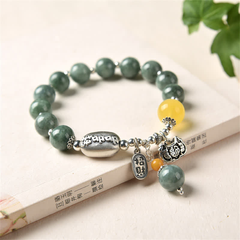 Oriental Buddha 925 Sterling Silver Cyan Jade Amber Success Bracelet