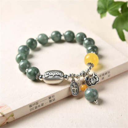 Oriental Buddha 925 Sterling Silver Cyan Jade Amber Success Bracelet