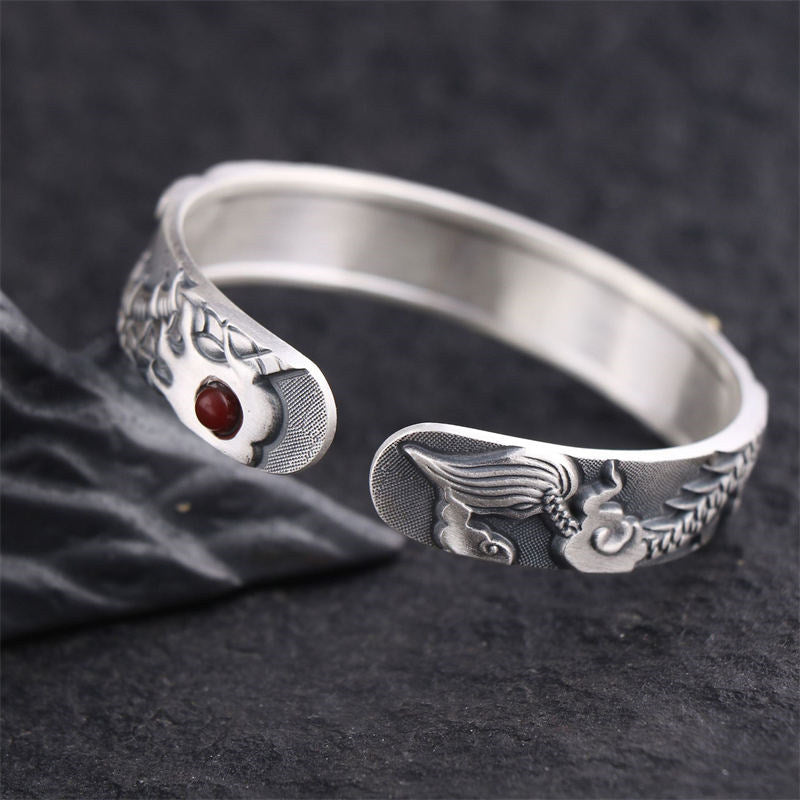 Oriental Buddha 999 Sterling Silver Dragon Strength Protection Bracelet Bangle