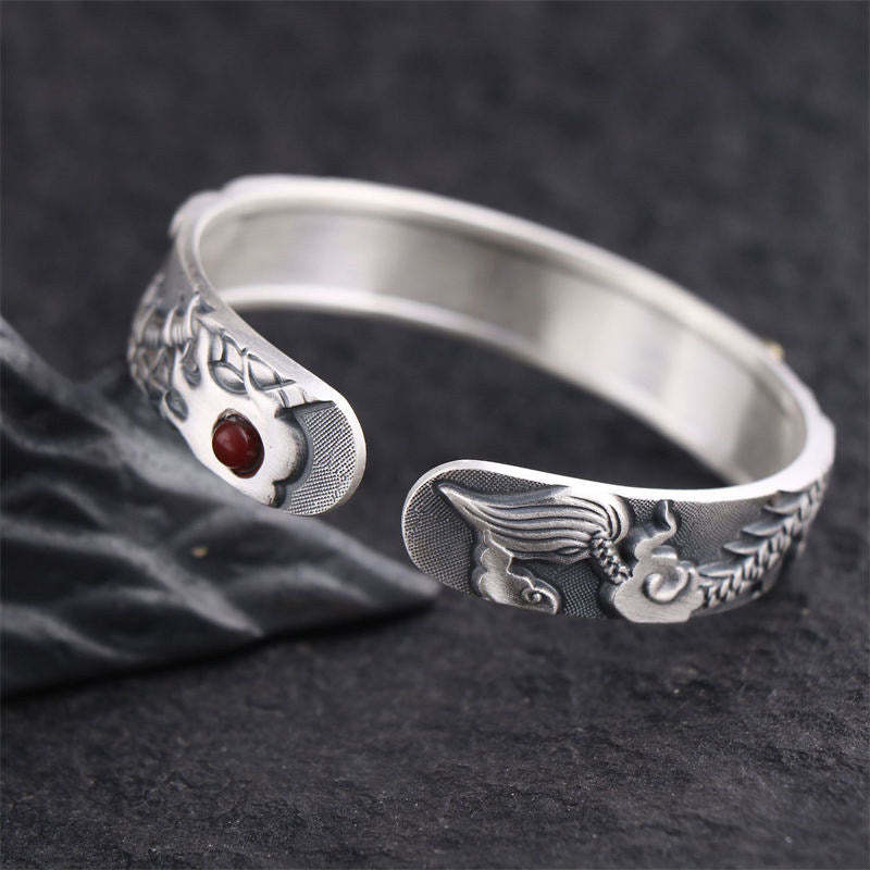 Oriental Buddha 999 Sterling Silver Dragon Strength Protection Bracelet Bangle