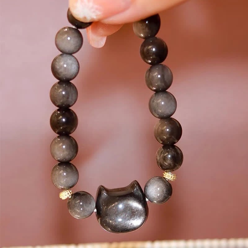 Oriental Buddha Gold Sheen Obsidian Silver Sheen Obsidian Lovely Paw Lucky Cat Protection Bracelet