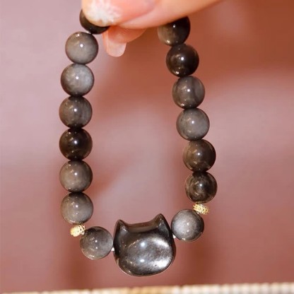 Oriental Buddha Gold Sheen Obsidian Silver Sheen Obsidian Lovely Paw Lucky Cat Protection Bracelet
