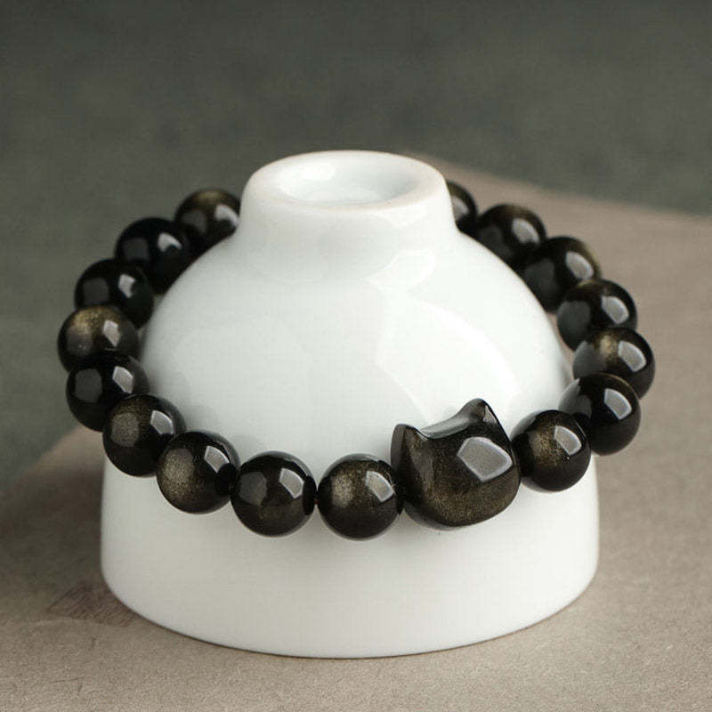 Oriental Buddha Gold Sheen Obsidian Silver Sheen Obsidian Lovely Paw Lucky Cat Protection Bracelet