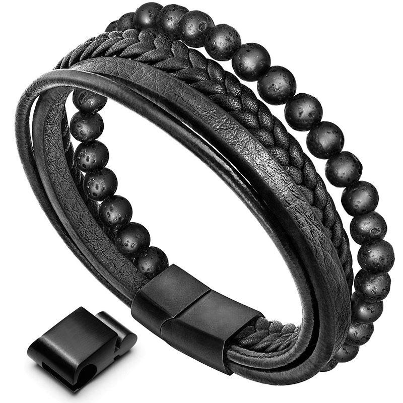 Oriental Buddha Natural Lava Rock Black Onyx Bead Leather Bracelet