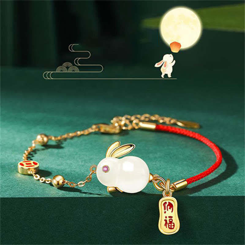 Oriental Buddha Year of the Rabbit White Jade Happiness Red String Chain Bracelet