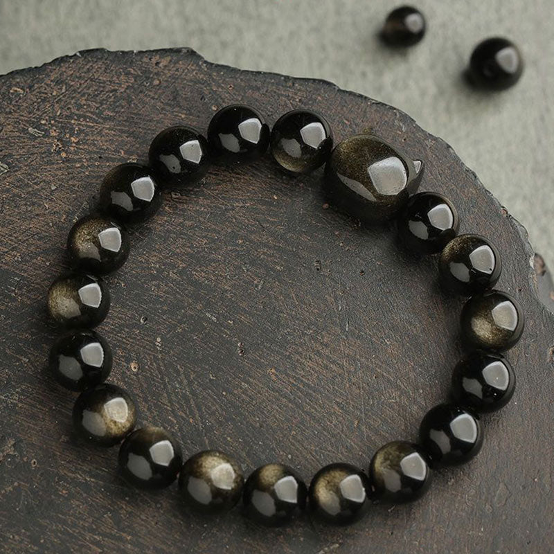 Oriental Buddha Gold Sheen Obsidian Silver Sheen Obsidian Lovely Paw Lucky Cat Protection Bracelet