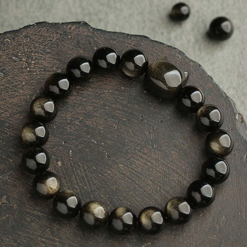 Oriental Buddha Gold Sheen Obsidian Silver Sheen Obsidian Lovely Paw Lucky Cat Protection Bracelet