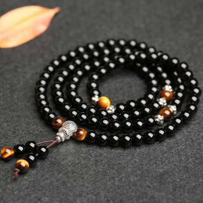 Oriental Buddha Black Obsidian Tiger Eye Blessing Mala Bracelet