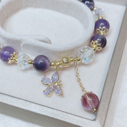 Oriental Buddha Natural Amethyst Crystal Spiritual Butterfly Charm Bracelet