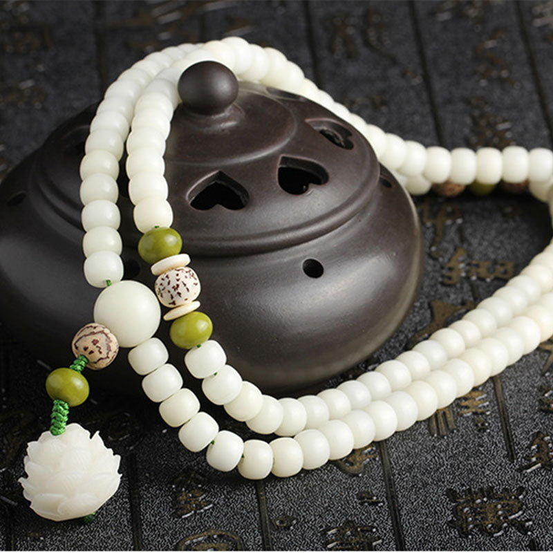 Oriental Buddha White Jade Bodhi Lotus Mala Harmony Necklace Bracelet