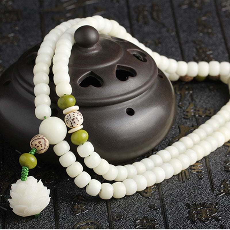 Oriental Buddha White Jade Bodhi Lotus Mala Harmony Necklace Bracelet