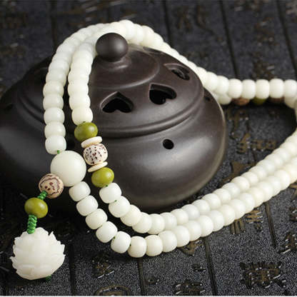 Oriental Buddha White Jade Bodhi Lotus Mala Harmony Necklace Bracelet