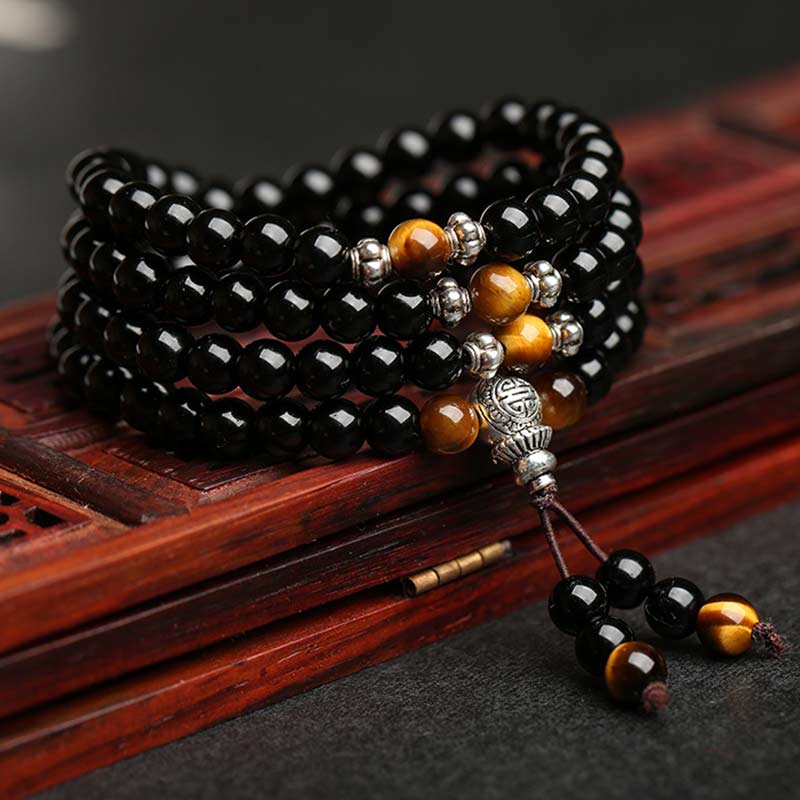 Oriental Buddha Black Obsidian Tiger Eye Blessing Mala Bracelet