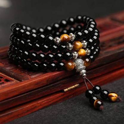 Oriental Buddha Black Obsidian Tiger Eye Blessing Mala Bracelet