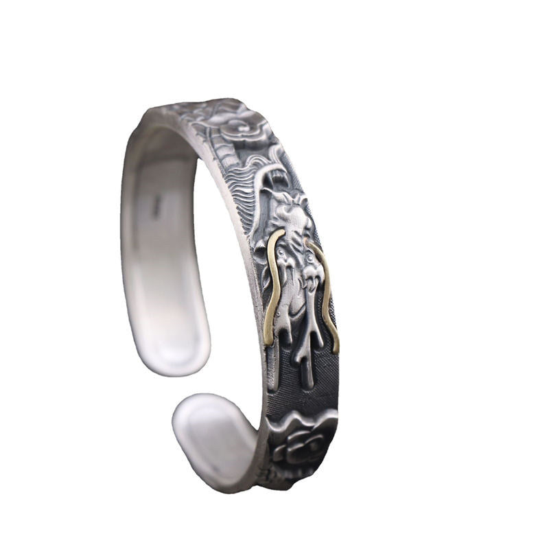 Oriental Buddha 999 Sterling Silver Dragon Strength Protection Bracelet Bangle