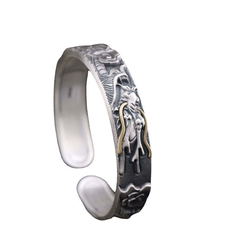 Oriental Buddha 999 Sterling Silver Dragon Strength Protection Bracelet Bangle
