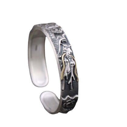 Oriental Buddha 999 Sterling Silver Dragon Strength Protection Bracelet Bangle