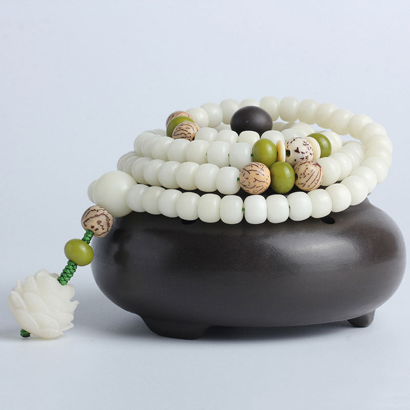 Oriental Buddha White Jade Bodhi Lotus Mala Harmony Necklace Bracelet