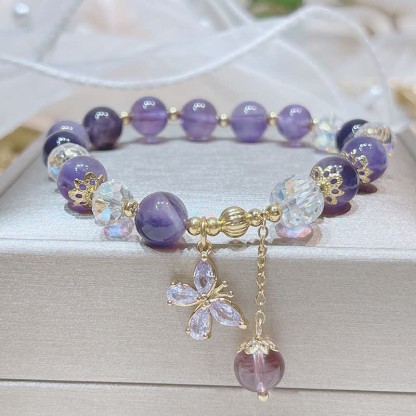 Oriental Buddha Natural Amethyst Crystal Spiritual Butterfly Charm Bracelet